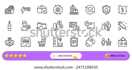 Medical syringe, Person idea and Buyer line icons for web app. Pack of Cardboard box, Recovery devices, Qr code pictogram icons. Cogwheel, Brandy bottle, Waterproof signs. Shield. Search bar. Vector
