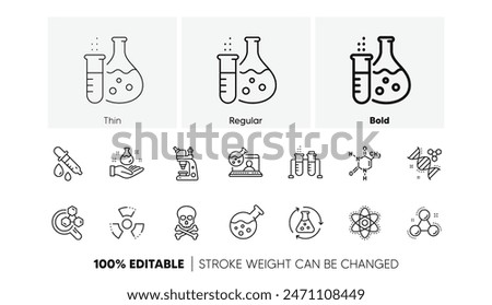 Chemical formula, Microscope and Medical analysis. Chemistry lab line icons. Laboratory test flask, reaction tube, chemistry lab icons. Linear set. Line icons set. Vector