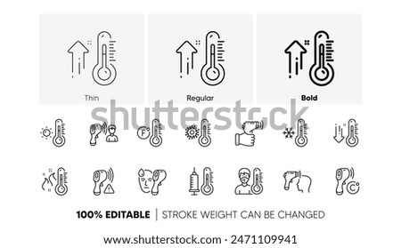 Fever diagnostic, Thermometer and Check body temperature. Temperature line icons. Coronavirus control, flu check, disease inspect line icons. 2019-ncov protective measures, body heat. Vector