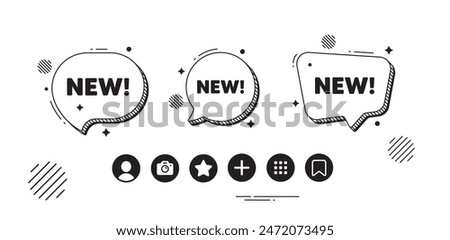 New tag. Speech bubble offer icons. Special offer sign. New arrival symbol. Arrivals chat text box. Social media icons. Speech bubble text balloon. Vector