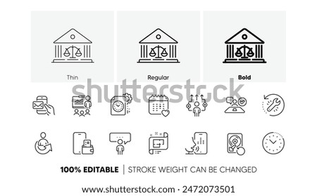 Business way, Healthcare calendar and Presentation line icons. Pack of Architectural plan, Court building, Time management icon. Project deadline, Phone wallet, Consulting business pictogram. Vector