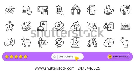 Lightning bolt, Customisation and Grocery basket line icons for web app. Pack of Recycle, Touchscreen gesture, Coins banknote pictogram icons. Update time, Continuing education. Search bar. Vector