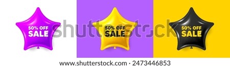 Sale 50 percent off discount. Birthday star balloons 3d icons. Promotion price offer sign. Retail badge symbol. Sale text message. Party balloon banners with text. Birthday or sale ballon. Vector
