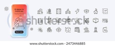 Radiator, Box size and Petrol station line icons for web app. Phone mockup gradient screen. Pack of Square meter, Opened box, Innovation pictogram icons. Home, Car charging, Lighthouse signs. Vector