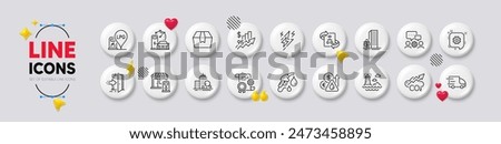 Package box, Entrance and Co2 line icons. White buttons 3d icons. Pack of Cogwheel, Technical algorithm, Filling station icon. Lightning bolt, Petrol station, Lighthouse pictogram. Vector