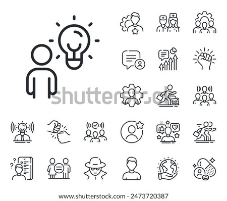 Human with lightbulb sign. Specialist, doctor and job competition outline icons. Business idea line icon. symbol. Group people line sign. Avatar placeholder, spy headshot icon. Strike leader. Vector