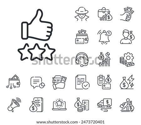 Thumb up hand sign. Cash money, loan and mortgage outline icons. Rating stars line icon. User ranking symbol. Rating stars line sign. Credit card, crypto wallet icon. Inflation, job salary. Vector