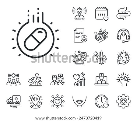 Medical drugs sign. Online doctor, patient and medicine outline icons. Capsule pill line icon. Pharmacy medication symbol. Capsule pill line sign. Veins, nerves and cosmetic procedure icon. Vector