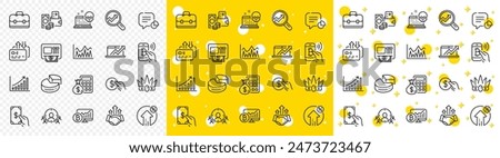 Outline Portfolio, Investment and Graph chart line icons pack for web with Finance calculator, Analytics, Receive money line icon. Statistic, Deal, Sales diagram pictogram icon. Card. Vector