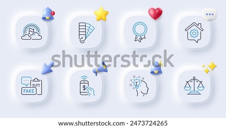 Justice scales, Lgbt and Work home line icons. Buttons with 3d bell, chat speech, cursor. Pack of Fake document, Phone payment, Success icon. Palette, Idea pictogram. For web app, printing. Vector