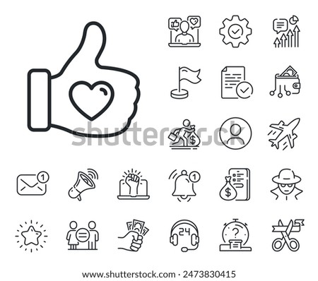 Thumbs up finger sign. Salaryman, gender equality and alert bell outline icons. Like hand line icon. Brand ambassador gesture symbol. Like hand line sign. Spy or profile placeholder icon. Vector