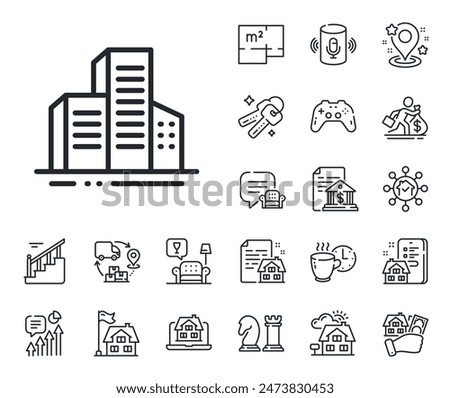 City architecture sign. Floor plan, stairs and lounge room outline icons. Buildings line icon. Skyscraper building symbol. Buildings line sign. House mortgage, sell building icon. Real estate. Vector