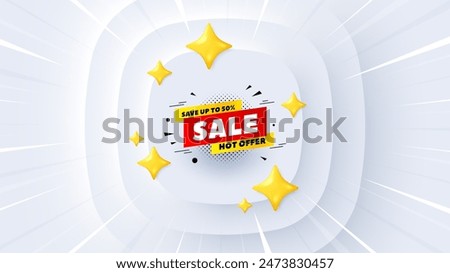 Sale 50 percent off banner. Neumorphic offer 3d banner, coupon. Discount sticker shape. Hot offer icon. Sale 50 percent promo event background. Sunburst banner, flyer or poster. Vector