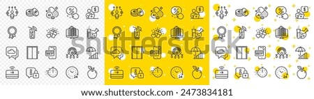 Outline Lock, 24 hours and Water glass line icons pack for web with Apple, Contactless payment, Online shopping line icon. Cooking timer, Discount button, Lift pictogram icon. Vector