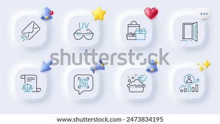 Career ladder, Legal documents and Hand washing line icons. Buttons with 3d bell, chat speech, cursor. Pack of Open door, E-mail, Sunglasses icon. Qr code, Shopping pictogram. Vector