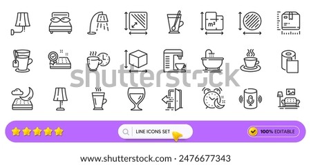 Tea mug, Alarm and Coffee machine line icons for web app. Pack of Pillows, Entrance, Coffee break pictogram icons. Bath, Wall lamp, Wine glass signs. Night mattress, Square area. Search bar. Vector