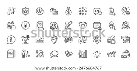 Yen money, Eye detect and Team work line icons pack. AI, Question and Answer, Map pin icons. Alcohol addiction, Algorithm, Trade infochart web icon. English, Quick tips, Work home pictogram. Vector