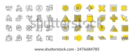 Near-field communication, contactless card, smartphone payment set. Design shape elements. Nfc line icons. Mobile phone pay, nfc technology and Pos terminal icons. Vector