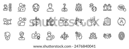 Icons pack as Global business, Group people and Teamwork line icons for app include Inflation, Checklist, User info outline thin icon web set. Users chat, Online question, Hold heart pictogram. Vector
