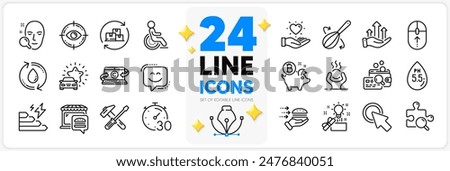 Icons set of Ph neutral, Cooking whisk and Creative idea line icons pack for app with Growth chart, Face search, Disability thin outline icon. Timer, Consumption growth. Design with 3d stars. Vector