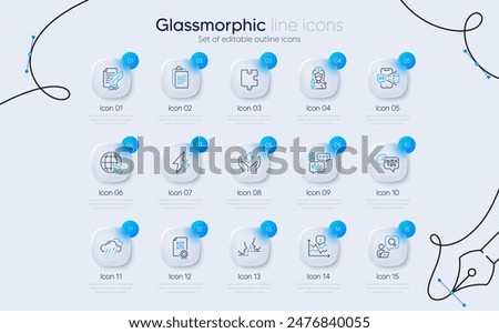 Set of Quick tips, Inspect and Puzzle line icons for web app. Rainy weather, Clipboard, Electricity icons. Feather signature, Internet, Biometric security signs. Talk, Qr code. Vector