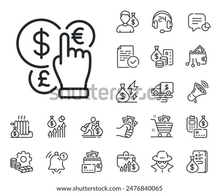 Cash exchange sign. Cash money, loan and mortgage outline icons. Money currency line icon. Stock trade symbol. Money currency line sign. Credit card, crypto wallet icon. Inflation, job salary. Vector