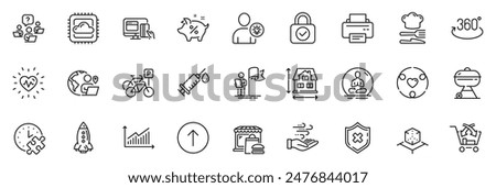 Icons pack as Heartbeat, Food and Security lock line icons for app include Puzzle time, Cross sell, Outsource work outline thin icon web set. Rocket, Wind energy, Teamwork question pictogram. Vector