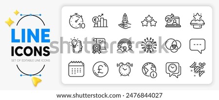 Cyber attack, Timer and Internet line icons set for app include Chemistry dna, Euler diagram, Crowdfunding outline thin icon. Alarm clock, Winner podium, Blog pictogram icon. Vector