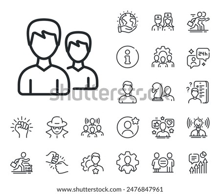 Couple or Group sign. Specialist, doctor and job competition outline icons. User line icon. Male Person silhouette symbol. Couple line sign. Avatar placeholder, spy headshot icon. Vector