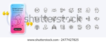 Insurance hand, Eu close borders and Nasal test line icons for web app. Phone mockup gradient screen. Pack of Healthy face, Calcium mineral, Electronic thermometer pictogram icons. Vector