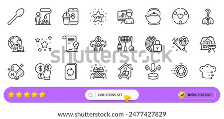 Seo timer, Work home and Vip star line icons for web app. Pack of Painter, Food app, Gift pictogram icons. Sharing economy, Presentation board, Approved agreement signs. Update document. Vector