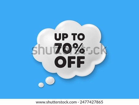 Up to 70 percent off sale. Comic speech bubble 3d icon. Discount offer price sign. Special offer symbol. Save 70 percentages. Discount tag chat offer. Speech bubble comic banner. Vector