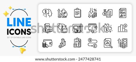 Inflation, Decreasing graph and Payment method line icons set for app include Report document, Accounting report, Clipboard outline thin icon. 3d chart, Deflation, Piggy bank pictogram icon. Vector