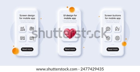 Environment day, Packing boxes and Web report line icons pack. 3d phone mockups with heart. Glass smartphone screen. Luggage trolley, Filling station, Global insurance web icon. Vector