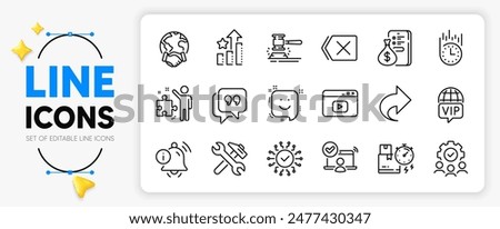 Fast delivery, Strategy and Teamwork line icons set for app include Share, Repair, Information bell outline thin icon. Video content, Money, Smile pictogram icon. Online access. Vector