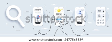 Mail correspondence, Inclusion and Fake news line icons pack. Phone screen mockup with 3d star, alert and chat message. Messages, Headphones, Stress web icon. Vector