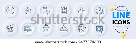 Organic product, Timer and Phone chat line icons for web app. Pack of Microscope, Online video, Internet pictogram icons. Report document, Waterproof, Hold smartphone signs. Scroll down. Vector