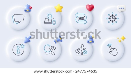 Cursor, Speech bubble and Jobless line icons. Buttons with 3d bell, chat speech, cursor. Pack of World time, Info, 360 degree icon. Search, Solar panel pictogram. For web app, printing. Vector