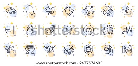 Outline set of Difficult stress, Covid app and Digestion line icons for web app. Include Dont touch, Not looking, Vaccination pictogram icons. Emergency call, Washing hands, Myopia signs. Vector