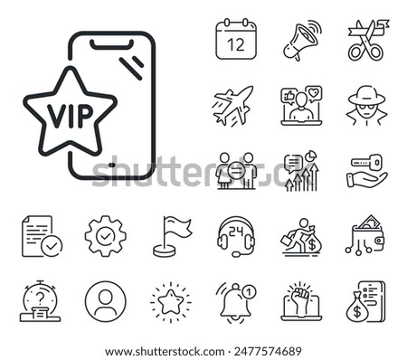 Very important person smartphone sign. Salaryman, gender equality and alert bell outline icons. Vip phone line icon. Exclusive privilege symbol. Vip phone line sign. Vector