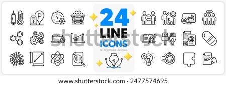 Icons set of Atom core, Cogwheel and Seo idea line icons pack for app with Coal trolley, Ethics, Qr code thin outline icon. Hold document, Copyright laptop, Employees wealth pictogram. Vector