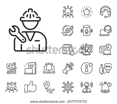 Repairman service sign. Place location, technology and smart speaker outline icons. Spanner tool line icon. Fix instruments symbol. Repairman line sign. Influencer, brand ambassador icon. Vector