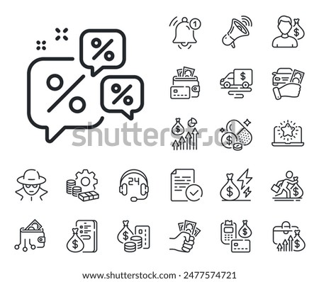 Sale offer sign. Cash money, loan and mortgage outline icons. Discounts chat bubbles line icon. Promotion price symbol. Discounts chat line sign. Credit card, crypto wallet icon. Vector