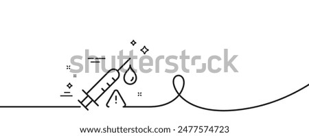 Vaccine attention line icon. Continuous one line with curl. Vaccination syringe warning sign. Jab symbol. Vaccine attention single outline ribbon. Loop curve pattern. Vector