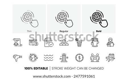 Hair dryer, Woman read and Lighthouse line icons. Pack of Tea, Ice maker, Waves icon. Cogwheel settings, Dollar target, Compliance pictogram. Ethics, Legal documents, Select flight. Line icons. Vector