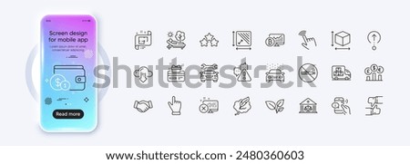 Leaves, Warning and Loyalty card line icons for web app. Phone mockup gradient screen. Pack of No smoking, Currency rate, Car pictogram icons. Vector