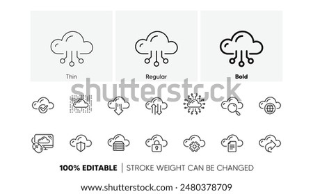 Hosting, Computing data and File storage. Computer cloud icons. Computer sync technology linear icon set. Line icons set. Vector