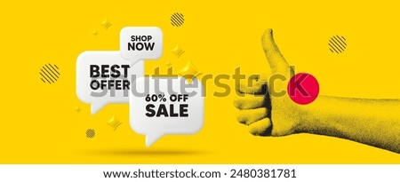 Hand showing thumb up like sign. Sale 60 percent off discount. Promotion price offer sign. Retail badge symbol. Sale chat box 3d message. Grain dots hand. Like thumb up sign. Best offer. Vector