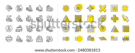 Finance, revenue reduction and financial benefit set. Design shape elements. Money line icons. Economy, money savings and increase profit line icons. Cash back, wallet and return finance. Vector