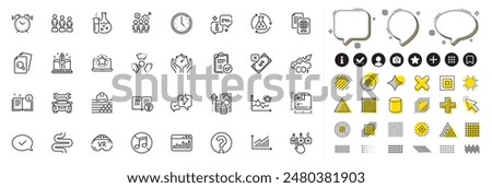 Set of No music, Timer and Chemical hazard line icons for web app. Design elements, Social media icons. Chemistry experiment, Help, Equality icons. Vector